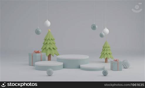 Mockup step podium merry Christmas and happy new year festival showcase stage concept background 3D rendering illustration