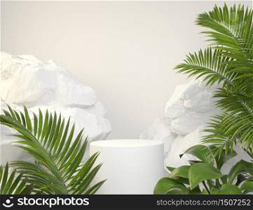 Mockup White Podium With Green Tropical Plants And Rock Background 3d render