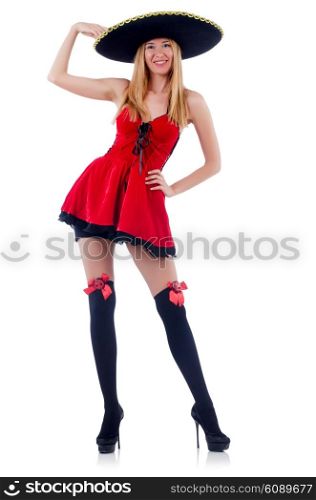 Model in red dress wearing sombrero
