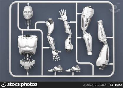 Model kit set with futuristic robot parts. 3D illustration. Model kit set with futuristic robot parts.