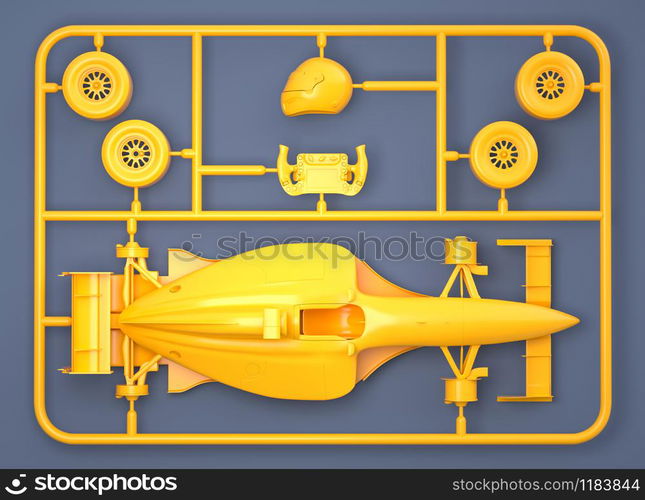 Model kit set with sport car parts. 3D illustration. Model kit set with sport car parts