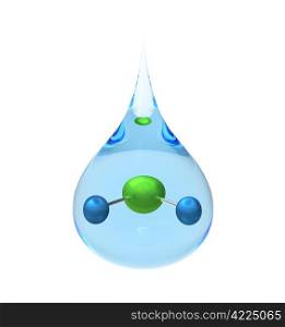 Model of a H2O molecule in a drop of water, isolated on white, 3d render