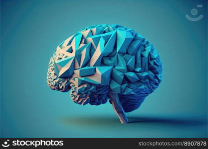 Model of human brain on blue background. Profile view. Intelligence concept. Generative AI