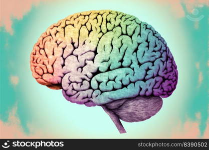 Model of human brain on colorful background. Profile view. Intelligence concept. Generative AI