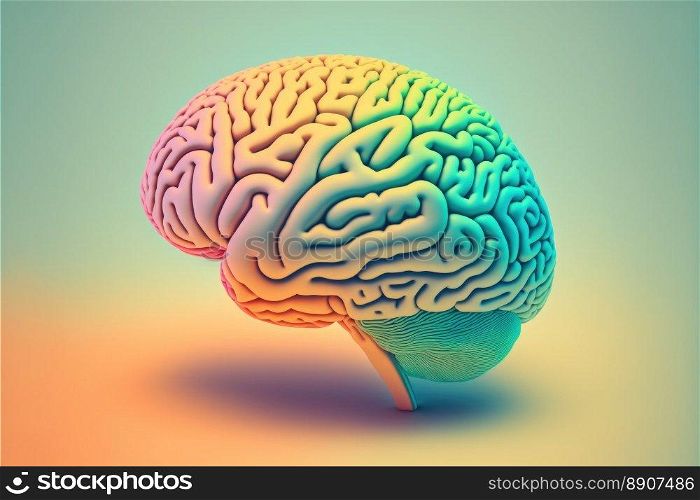 Model of human brain on colorful background. Profile view. Intelligence concept. Generative AI
