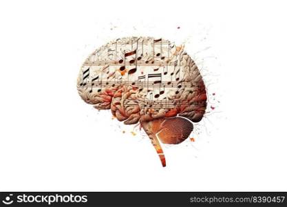 Model of human brain with musical notes on white background. Profile view. Intelligence concept. Generative AI