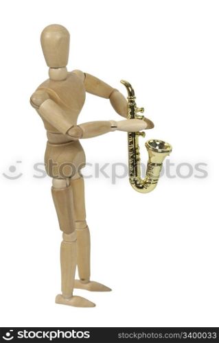 Model playing shiny molded saxophone - path included