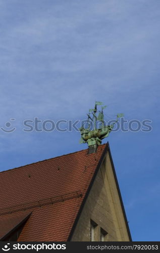 Model sailing ship on gable end of roof of Oberpollinger department store, Neuhauser Str, Munich, Bavaria, Germany, Europe.