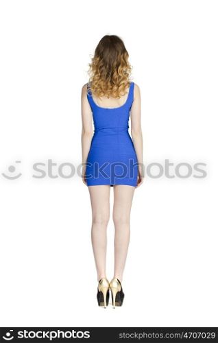 Model tests, Young blonde model in blue dress isolated on white
