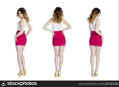 Model Tests, Young slim women posing in short red skirt, isolated on white