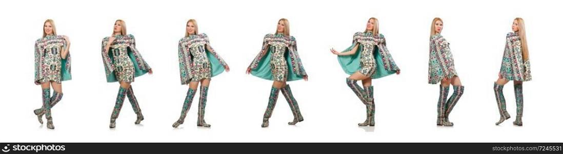 Model wearing dress with Azerbaijani carpet elements isolated on white. Model wearing dress with Azerbaijani carpet elements isolated on