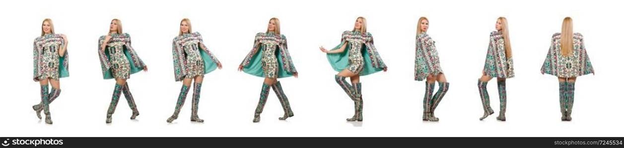 Model wearing dress with Azerbaijani carpet elements isolated on white. Model wearing dress with Azerbaijani carpet elements isolated on