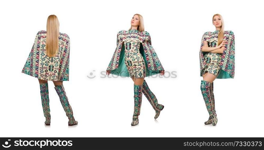 Model wearing dress with Azerbaijani carpet elements isolated on white. Woman in fashion concept isolated on whitModel wearing dress wit