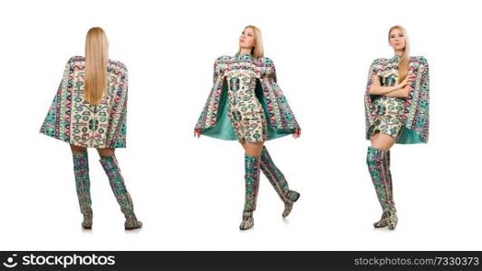 Model wearing dress with Azerbaijani carpet elements isolated on white. Woman in fashion concept isolated on whitModel wearing dress wit