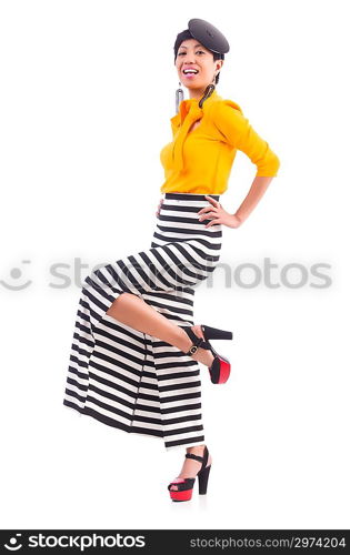 Model wearing fashionable clothing on white