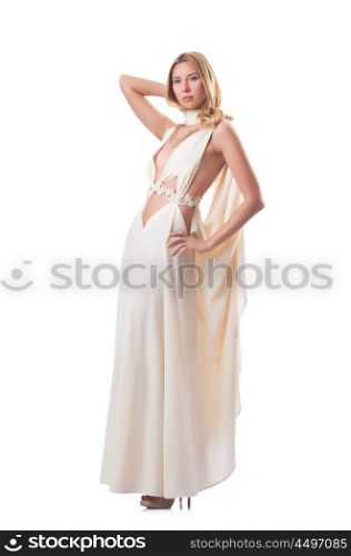 Model wearing fashionable clothing on white