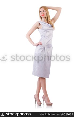Model wearing fashionable clothing on white