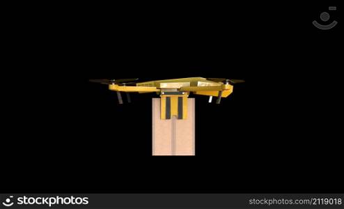 Modern 3d render quadrocopter carries box with order. Digital controlled robotic fast logistics. Unmanned multicopter with powerful propellers for transportation and tracking. Modern 3d render quadrocopter carries box with order. Digital controlled robotic fast logistics. Unmanned multicopter with powerful propellers for transportation and tracking.. Drone delivers cargo.