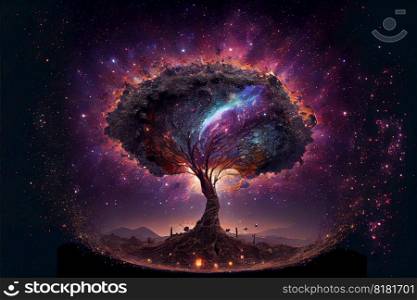 Modern abstract tree with magical neon light on fantasy tree frame against mystical starry night sky in the forest with background of milky way galaxy for room decorative art. Superb Generative AI. Modern abstract tree with magical neon light on fantasy tree frame