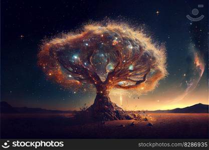 Modern abstract tree with magical neon light on fantasy tree frame against mystical starry night sky in the forest with background of milky way galaxy for room decorative art. Superb Generative AI. Modern abstract tree with magical neon light on fantasy tree frame