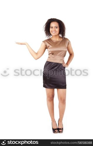 Modern African American business woman smiling on white background
