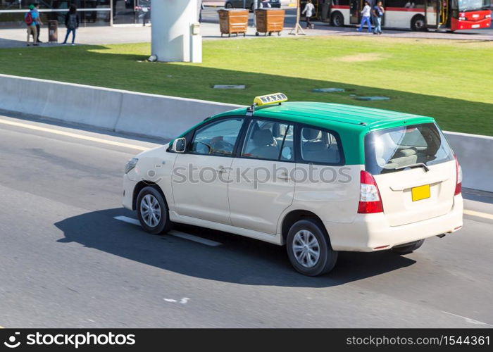 Modern, air-conditioned taxi in Dubai in a summer day