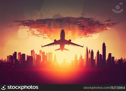 modern airliner flying over cityscape, with double exposure of the sun setting behind, created with generative ai. modern airliner flying over cityscape, with double exposure of the sun setting behind