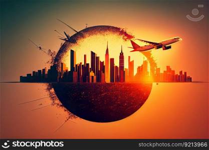 modern airliner flying over cityscape, with double exposure of the sun setting behind, created with generative ai. modern airliner flying over cityscape, with double exposure of the sun setting behind