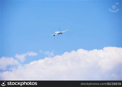 modern airplane travel, clear blue sky in background