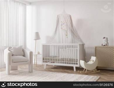 Modern and cozy child room. Interior in scandinavian style. Baby bed, armchair, toys, white walls. Light room for kids. 3D rendering. Modern and cozy child room. Interior in scandinavian style. Baby bed, armchair, toys, white walls. Light room for kids. 3D rendering.