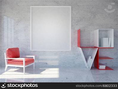Modern and Loft room interior with word Love book shelf and blank photo frame for Valentine's day, 3D rendering