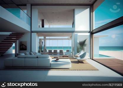 modern and minimalist beachfront villa with glass walls and bright interior, created with generative ai. modern and minimalist beachfront villa with glass walls and bright interior