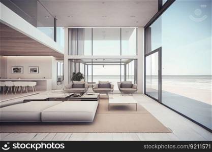 modern and minimalist beachfront villa with glass walls and bright interior, created with generative ai. modern and minimalist beachfront villa with glass walls and bright interior