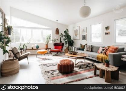 modern and minimalist bohemian home with sleek furniture, natural light, and pops of color, created with generative ai. modern and minimalist bohemian home with sleek furniture, natural light, and pops of color