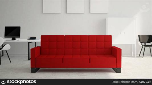 Modern and minimalist bright interior of living room with red sofa and white furniture . 3d rendering .