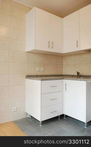 modern and small kitchen in white (wooden floor)