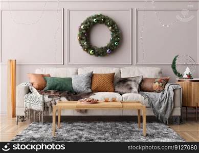 Modern and stylish living room interior with Christmas decorations and sofa. Xmas time at home, New Year, holiday. Beautiful and cozy interior design. 3D rendering. Modern and stylish living room interior with Christmas decorations and sofa. Xmas time at home, New Year, holiday. Beautiful and cozy interior design. 3D rendering.