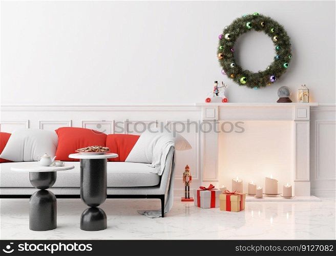 Modern and stylish living room interior with Christmas decorations, sofa. gifts. Xmas time at home, New Year, holiday. Beautiful and cozy interior design. 3D rendering. Modern and stylish living room interior with Christmas decorations, sofa. gifts. Xmas time at home, New Year, holiday. Beautiful and cozy interior design. 3D rendering.