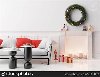 Modern and stylish living room interior with Christmas decorations, sofa. gifts. Xmas time at home, New Year, holiday. Beautiful and cozy interior design. 3D rendering. Modern and stylish living room interior with Christmas decorations, sofa. gifts. Xmas time at home, New Year, holiday. Beautiful and cozy interior design. 3D rendering.