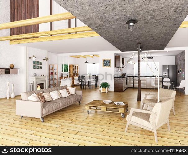 Modern apartment interior, dining room, living room, kitchen 3d rendering