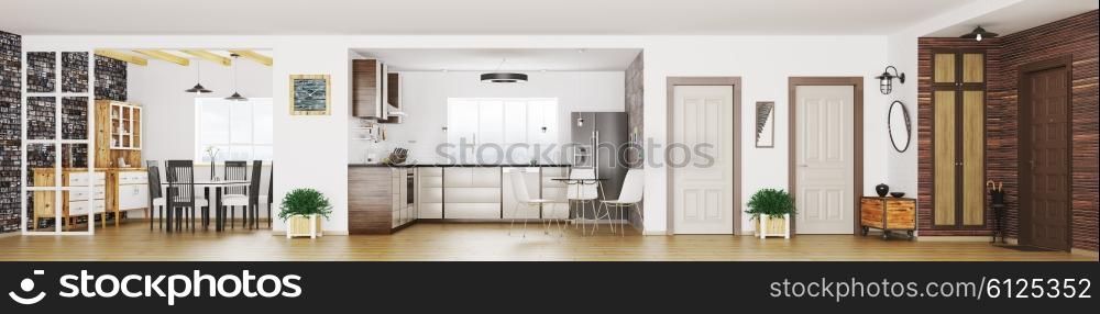 Modern apartment interior, living room, hall, kitchen, dining room, panorama 3d render