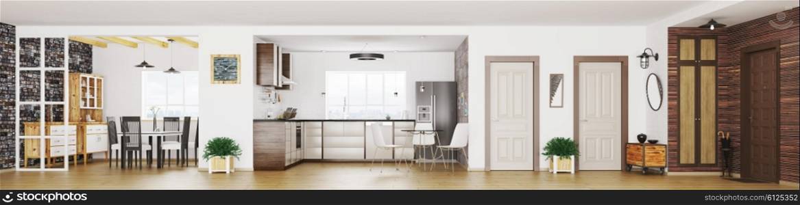 Modern apartment interior, living room, hall, kitchen, dining room, panorama 3d render