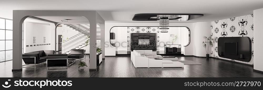 Modern Apartment interior living room hall kitchen panorama 3d render