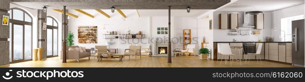 Modern apartment interior, living room, kitchen, lounge area, panorama 3d render