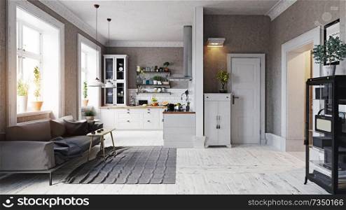 modern apartment interior. Sofa and kitchen zone. 3d rendering concept