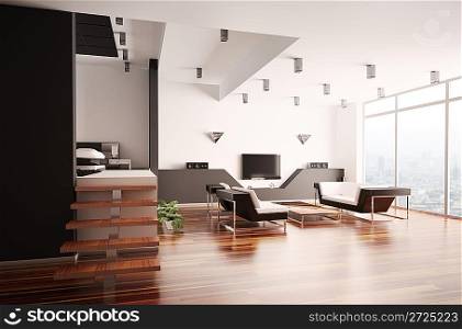 Modern apartment with living room and bedroom interior 3d