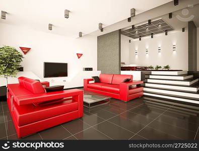 Modern apartment with living room and bedroom interior 3d render