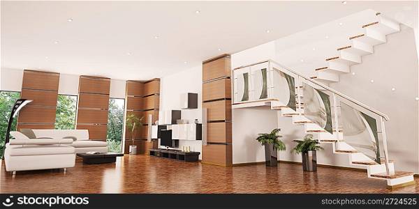 Modern apartment with staircase interior panorama 3d render