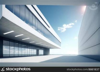 Modern arχtecture exterior of public hall entrance in urban building outdoor under bright sky with cement path pavement. Peculiar AI≥≠rative ima≥.. Modern arχtecture exterior of public hall entrance in urban building outdoor