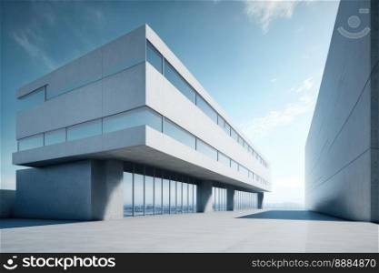 Modern arχtecture exterior of public hall entrance in urban building outdoor under bright sky with cement path pavement. Peculiar AI≥≠rative ima≥.. Modern arχtecture exterior of public hall entrance in urban building outdoor